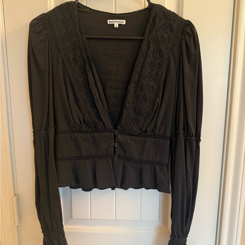 Reformation Black Embroidered V-Neck Blouse